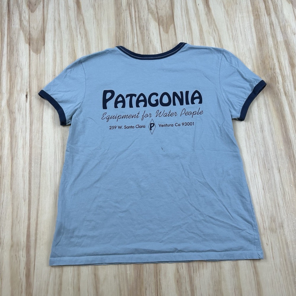 Patagonia Women's Large Blue Water Sports Ringer T-Shirt Short Sleeve Graphic